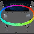 Colorful Stage With Rainbow Circular Light Blue Lights White Laser Beams And Black Floor Lines