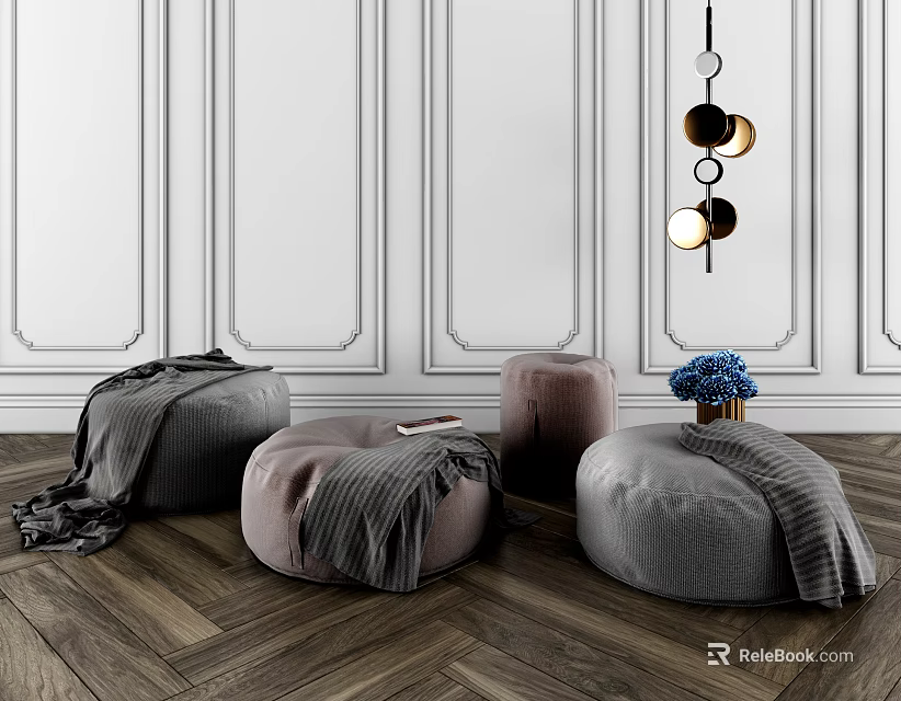 Round Upholstered Ottomans with Draped Blankets in Living Room with White Paneled Walls 3d model 
