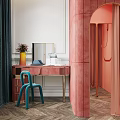 Luxury Modern Interior With Pink Arched Partition Dressing Table Blue Chair And Decorations