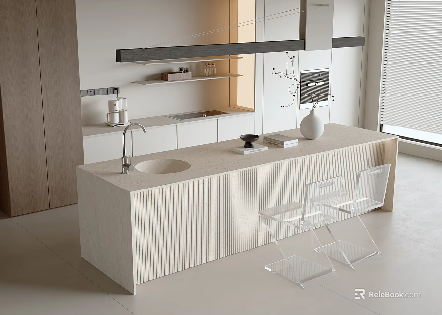 Modern White Textured Bar Counter With Transparent Chairs And Faucet Sink In Open Space 3d model 