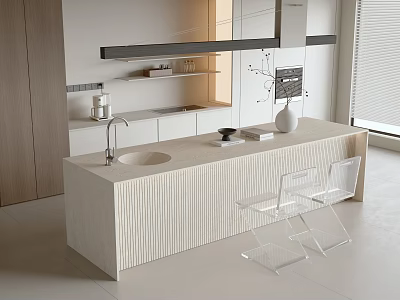 Modern White Textured Bar Counter With Transparent Chairs And Faucet Sink In Open Space 3d model