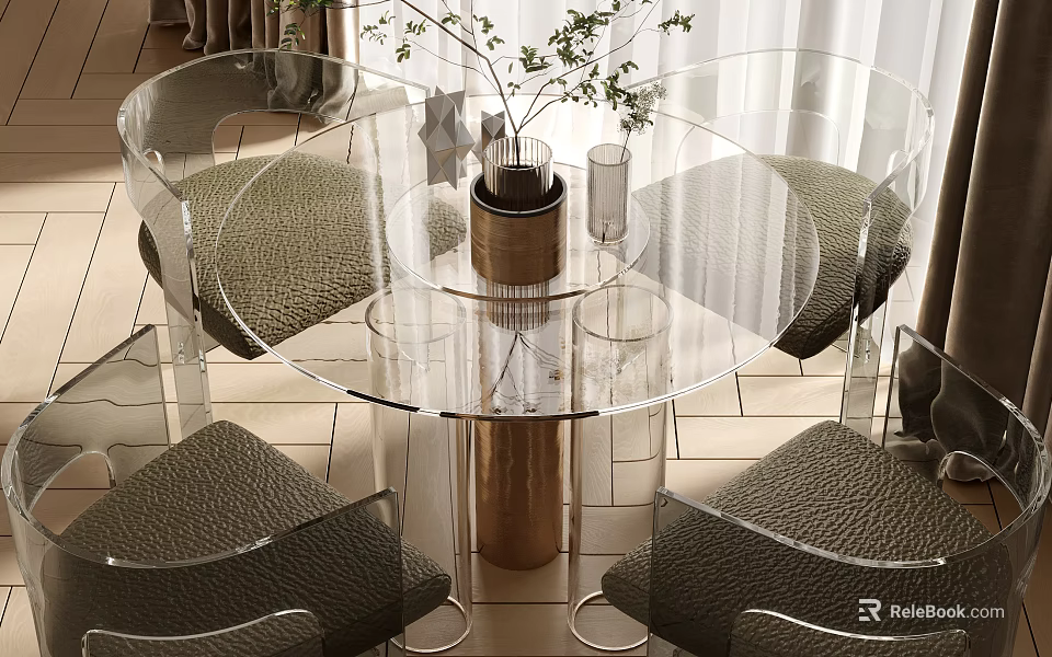 Modern Round Glass Dining Table Set With Transparent Chairs Metal Base And Decorative Plant 3d model 