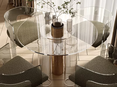 Modern Round Glass Dining Table Set With Transparent Chairs Metal Base And Decorative Plant 3d model