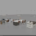 Modern Dining Table Set Interior Design With Various Colored Chairs And Pendant Lights 3d model