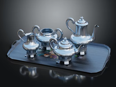 Elegant Silver Tea Set With Black Tray And Decorative Teapot Sugar Bowl Milk Jug 3d model