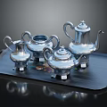 Elegant Silver Tea Set With Black Tray And Decorative Teapot Sugar Bowl Milk Jug
