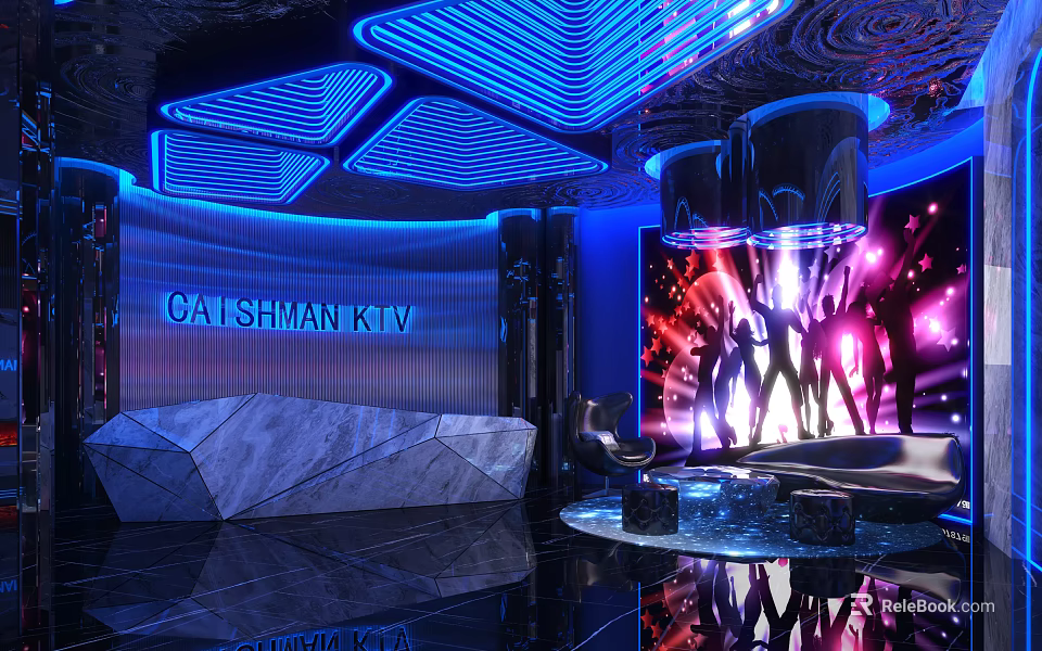 CATISHMAN KTV Modern Interior With Neon Lights Marble Reception And Dancing Figures Screen 3d model 