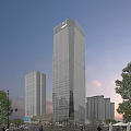 Tall modern office building featuring glass facade with surrounding buildings and trees under sunset sky