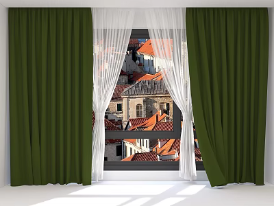 Green Curtains with White Sheer Panels for Window Showing Red Roofs View 3d model