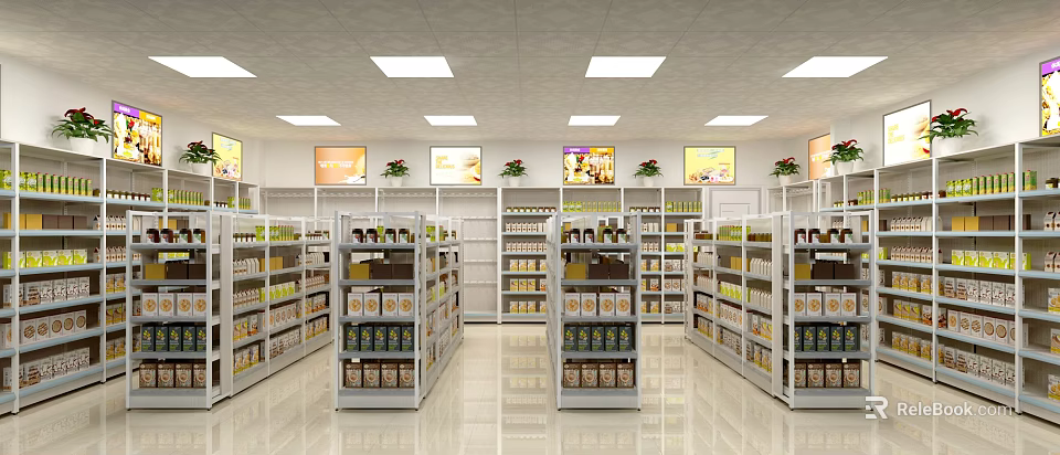 Bright Organized Supermarket Grocery Store Interior With Shelves Full Of Products 3d model 