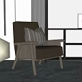 Modern Brown Single Sofa with Striped Cushion and Bookshelf in Minimalist Room
