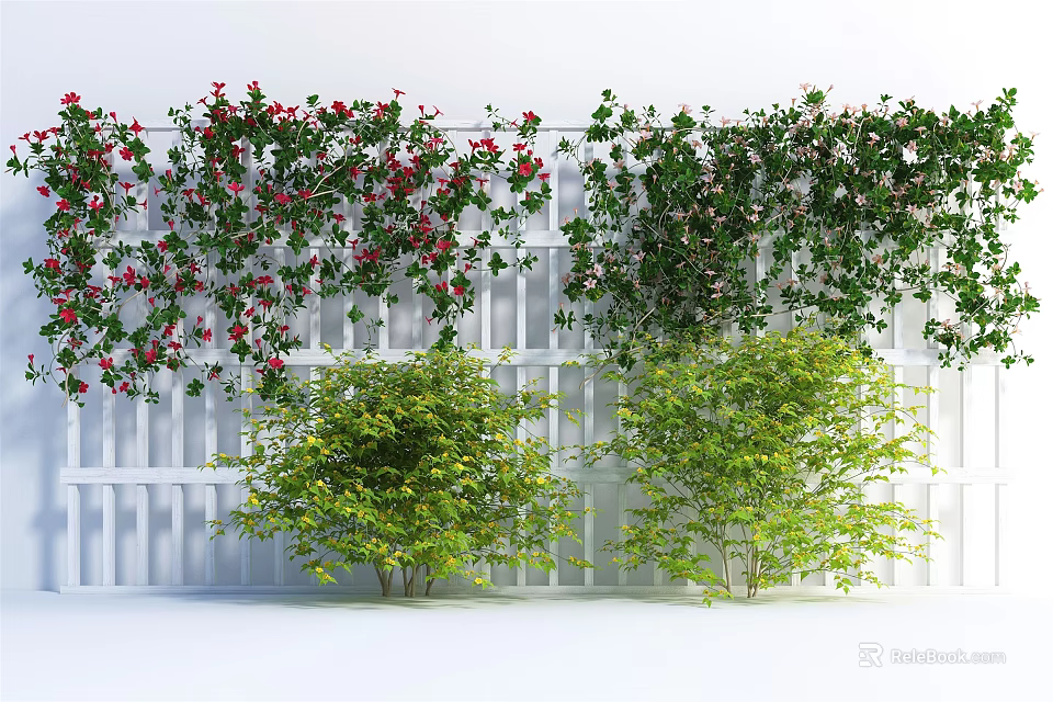 Climbing Vines With Red Flowers Covering White Fence And Green Foliage 3d model 