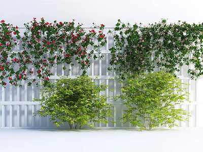 Climbing Vines With Red Flowers Covering White Fence And Green Foliage 3d model