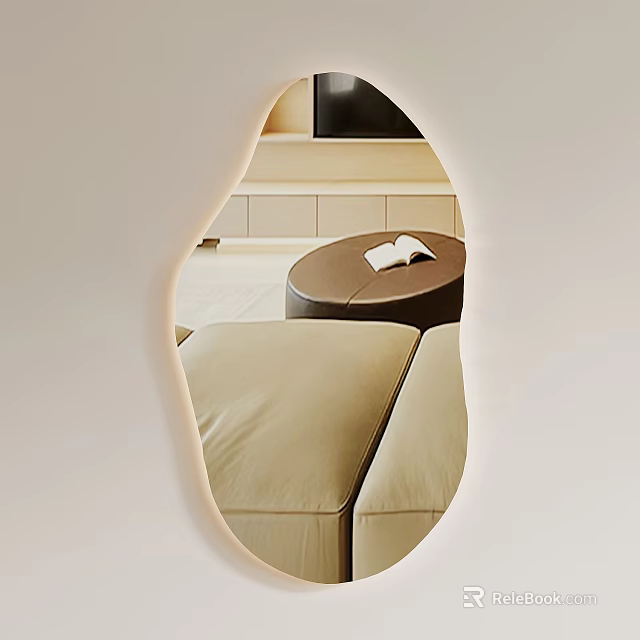 Irregular Shaped Mirror With LED Lighting Reflecting Beige Sofa Round Coffee Table And Open Book 3d model