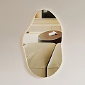 Irregular Shaped Mirror With LED Lighting Reflecting Beige Sofa Round Coffee Table And Open Book 3d model