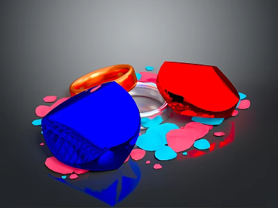 Fashionable Clothing Decorated With Blue Red Gemstones Gold Transparent Rings And Heart Shaped Ornaments 3d model