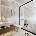Modern Bathroom Interior With Terrazzo Walls White Sink Glass Shower Enclosure Toilet And Lighting Design