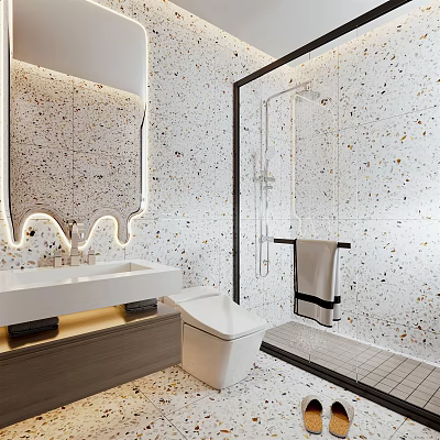 Modern Bathroom Interior With Terrazzo Walls White Sink Glass Shower Enclosure Toilet And Lighting Design 3d model