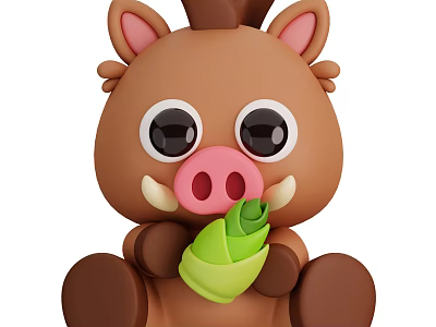 Cute Cartoon Boar Toy With Brown Body Big Eyes Pink Nose And Green Leaf 3d model