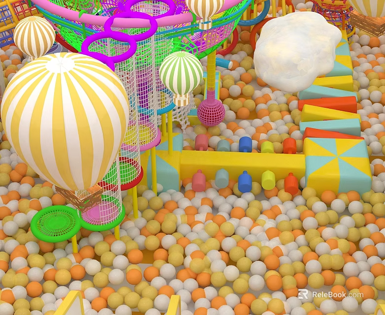 Colorful Kids Playground Equipment With Ball Pit Striped Balloons And Play Structures 3d model 