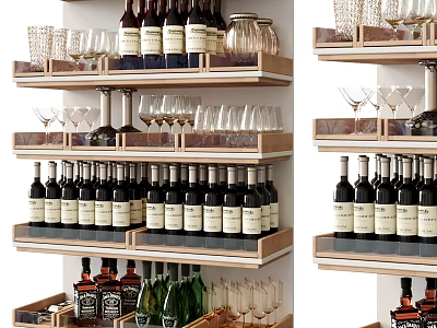 Wine Bottles and Glasses Neatly Arranged on Multiple Wooden Shelves for Storage 3d model