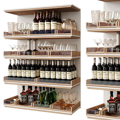 Wine Bottles and Glasses Neatly Arranged on Multiple Wooden Shelves for Storage 3d model