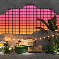 Ornamental Decor Set with Sunset Sky Grid Window String Lights Wooden Crates and Green Plants