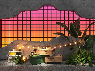 Ornamental Decor Set with Sunset Sky Grid Window String Lights Wooden Crates and Green Plants 3d model