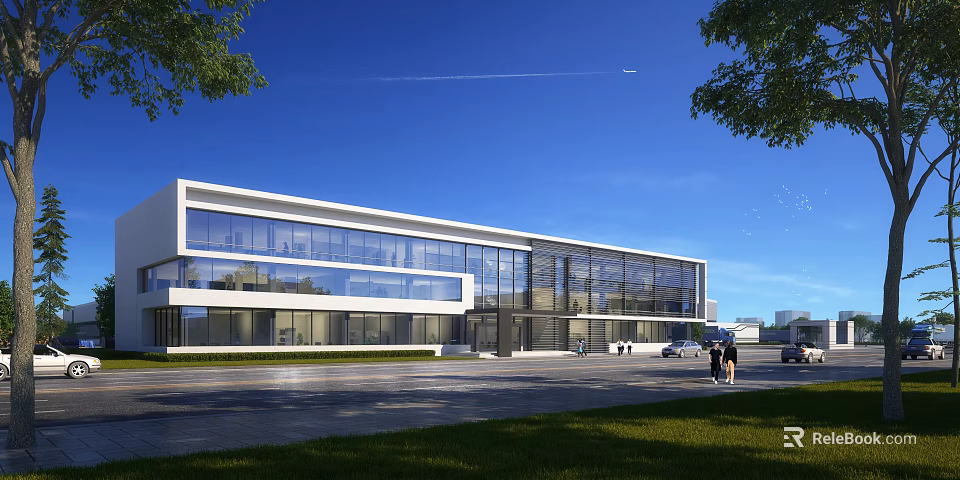 Modern Office Building Exterior Design With Glass Curtain Walls Landscaped Lawn And Clear Blue Sky 3d model 