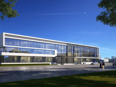Modern Office Building Exterior Design With Glass Curtain Walls Landscaped Lawn And Clear Blue Sky 3d model