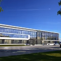 Modern Office Building Exterior Design With Glass Curtain Walls Landscaped Lawn And Clear Blue Sky
