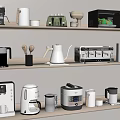 Organized Display Of Kitchen Appliances Utensils Mugs And Spoons On Wooden Shelves