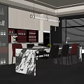 Elegant Modern Restaurant Kitchen Interior With Marble Countertop Wine Shelves And Dining Chairs