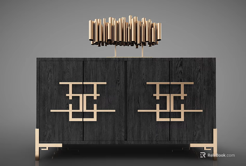 Modern Entryway Cabinet Sideboard With Black Wood And Gold Geometric Accents 3d model 