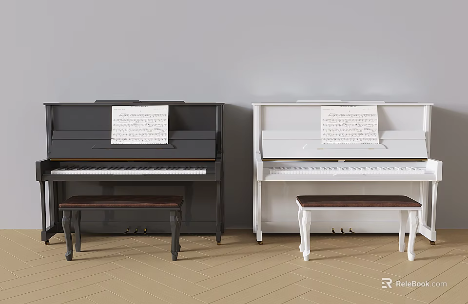 Black And White Acoustic Pianos With Music Sheets And Wooden Stools In Room Setting 3d model 