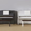 Black And White Acoustic Pianos With Music Sheets And Wooden Stools In Room Setting