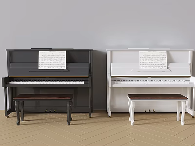 Black And White Acoustic Pianos With Music Sheets And Wooden Stools In Room Setting 3d model