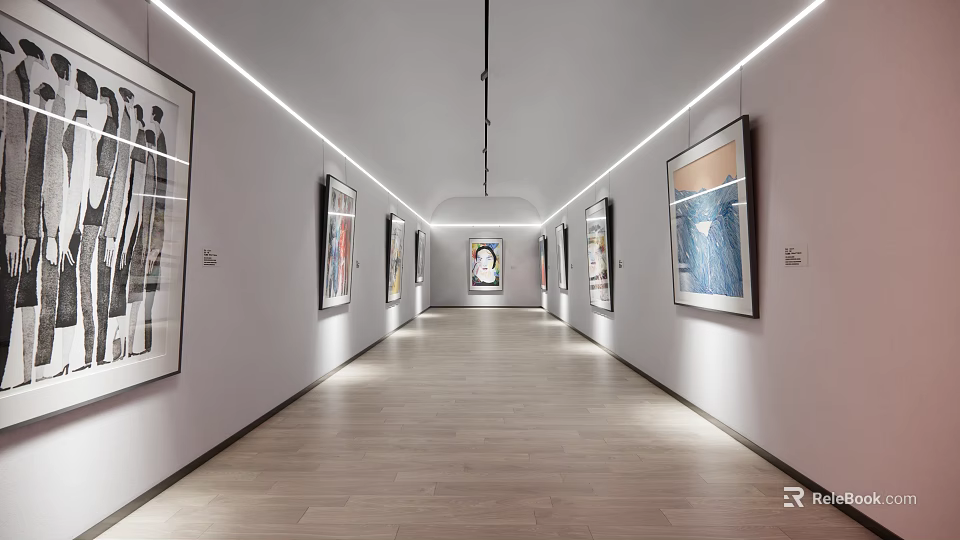 Contemporary Art Gallery Corridor With Framed Paintings On Walls Wooden Floor And Lighting 3d model 