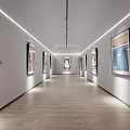 Contemporary Art Gallery Corridor With Framed Paintings On Walls Wooden Floor And Lighting