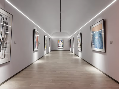 Contemporary Art Gallery Corridor With Framed Paintings On Walls Wooden Floor And Lighting 3d model