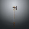 Medieval Battle Axe With Golden Decorative Handle And Intricate Metal Head Design