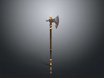 Medieval Battle Axe With Golden Decorative Handle And Intricate Metal Head Design 3d model