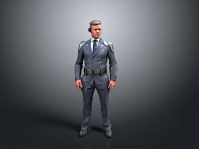 Security Guard Wearing Gray Uniform With Headset Belt And Shoulder Patches 3d model