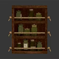 Rustic Wooden Shelf with Multiple Layers Holding Glass Bottles and Rope Details