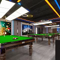 Modern Billiard Room Interior With Green Pool Tables Colorful Lighting And City Night View