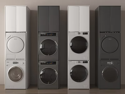 Modern Stackable Washing Machines And Dryers In Silver Dark Gray And White 3d model
