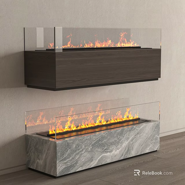Modern Wall Mounted And Floor Fireplace With Glass Panel Flames Wooden Frame And Marble Base 3d model 