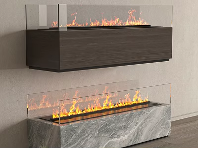 Modern Wall Mounted And Floor Fireplace With Glass Panel Flames Wooden Frame And Marble Base 3d model