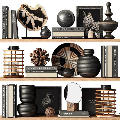 Elegant Modern Decorative Ornament Set With Vases Plates Books And Sculptures For Shelf 3d model