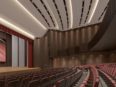 Elegant Conference Hall With Red Seats Stage Curtain And Modern Ceiling 3d model